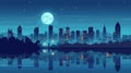 Night cityscape illustration featuring skyline, full moon, starry sky, building reflections water Royalty Free Stock Photo