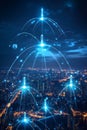 Night Cityscape with Interconnected Digital Network Towers and Data Flow Lines, Technology Concept Royalty Free Stock Photo