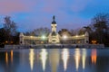 Night cityscape with lights at the memorial in Retiro city park, Madrid, Spain Royalty Free Stock Photo