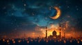 Night cityscape with mosque and crescent moon