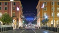 Night cityscape with moving tram on Massena Square in downtown timelapse Royalty Free Stock Photo