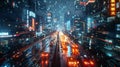 Night cityscape with neon lights, starry skies, cinematic ambiance, light trails from vehicles