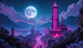 Night Cityscape with Neon Pink Skyscraper and Full Blue Moon Royalty Free Stock Photo