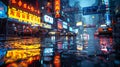 Night cityscape with rain kissed streets, realistic city lights reflections, and photographic detail Royalty Free Stock Photo