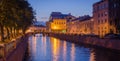 Night cityscape with river and bridge and ship in Saint-Petersburg. Royalty Free Stock Photo