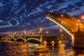 Night cityscape with river and bridge and ship in Saint-Petersburg. Royalty Free Stock Photo