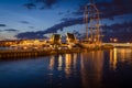 Night cityscape with river and bridge and ship in Saint-Petersburg. Royalty Free Stock Photo