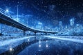 night cityscape with roads and skyscrapers in blue, street lights, winter season, it\'s snowing