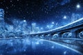 night cityscape with roads and skyscrapers in blue, street lights, winter season, it\'s snowing