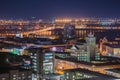 Night cityscape from rooftop to Voronezh downtown. Modern houses, trade centers