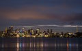 Night cityscape of Seattle downtown on the water. Night photography with colorful light. View from Gas Works Park. Royalty Free Stock Photo