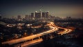 night cityscape skyline view of downtown Los Angeles style western city, neural network generated photorealistic image Royalty Free Stock Photo