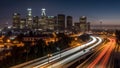 night cityscape skyline view of downtown Los Angeles style western city, neural network generated photorealistic image Royalty Free Stock Photo