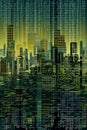 Night cityscape with skyscrapers and binary code. Vector illustration.