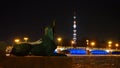 Sphinx statues on the Malaya Nevka embankment and Kamennoostrovsky bridge