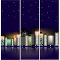 Night cityscape with stars. Modern buildings with bright lighting. Banner.