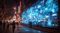 Night cityscape with vibrant digital billboards and pedestrians, showcasing modern technology and urban life in an illuminated