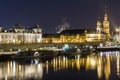 Night cityscape view of historic buildings with reflections in Elbe river in the center of Dresden Germany. Royalty Free Stock Photo