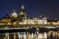 Night cityscape view of historic buildings with reflections in Elbe river in the center of Dresden & x28;Germany& x29;. Royalty Free Stock Photo