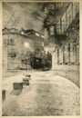 Winter night city walk in old part of Gdansk. Lith print.