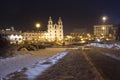 Night cityscape of winter Minsk. Famous exterior in evening Minsk, Belarus. Holy spirit cathedral on central square