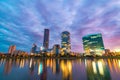 Night cityscape of Yekaterinburg, Russia with city lights reflecting in water Royalty Free Stock Photo