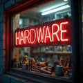 Night close-up of hardware store window with glowing neon sign. Assortment of instruments and tools on display shelf. Concept of Royalty Free Stock Photo