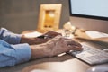 Night, closeup and hands with keyboard, business and man typing, connection and digital planning for sales growth Royalty Free Stock Photo