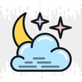 Night cloudy icon for weather forecast application or widget. Moon and stars in the night sky behind the clouds. Color Royalty Free Stock Photo