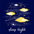 Night clowds print sleep tight with stars