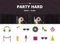 Night club cocktail party, disco music icon set, vector flat Royalty Free Stock Photo