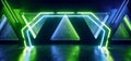 Night Club Empty Podium Laser Arrows Neon Fluorescent Glowing Green Phantom Blue Lights Electric Triangle Concrete Shaped Wall