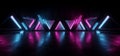 Night Club Empty Podium Laser Neon Fluorescent Glowing Purple Phantom Blue Lights Electric Triangle Concrete Shaped Wall Columns