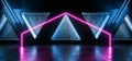 Night Club Empty Podium Laser Neon Fluorescent Glowing Purple Phantom Blue Lights Electric Triangle Concrete Shaped Wall Columns