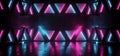Night Club Empty Podium Laser Neon Fluorescent Glowing Purple Phantom Blue Lights Electric Triangle Concrete Shaped Wall Columns