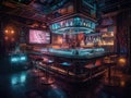 Hightech cyberpunk bar with futuristic cocktails