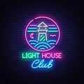 Night Club Lighthouse Neon Sign. Lighthouse Logo In Neon Style, Symbol, Design Template For Nightclub, Night Party