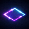 Night club neon light rhombus frame on brick wall.