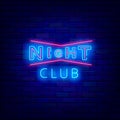 Night club neon signboard. Disco advertising. Dance party emblem. Performance concept on brick wall. Vector illustration Royalty Free Stock Photo