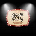 Night club party billboard sign poster vector illustration. Retro neon box with spotlights on brick wall background design Royalty Free Stock Photo