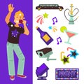 Night club party boy and dancing singing vector flat icons Royalty Free Stock Photo