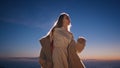 Night clubber dancing sunset at ocean beach closeup. Woman enjoying dance alone