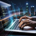 Night Coding Session on Laptop. Software Development & Cyber City Life Royalty Free Stock Photo