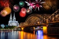 Night in Cologne at the river Rhine with fireworks Royalty Free Stock Photo