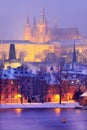 Night colorful romantic snowy Prague gothic Castle, Czech republic Royalty Free Stock Photo