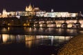 Night colorful snowy Christmas Prague Lesser Town with gothic Castle with Charles Bridge, Czech republic Royalty Free Stock Photo