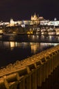 Night colorful snowy Christmas Prague Lesser Town with gothic Castle with Charles Bridge, Czech republic Royalty Free Stock Photo