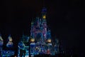 Night colour projections on Cinderella Castle from Halloween party