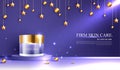 Night cosmetics or skin care product ads with bottle, banner ad for beauty products , star and golden pearl on purple background