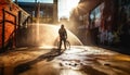 Night cyclist sprays water, back lit by city flame generated by AI